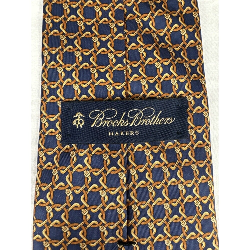 Brooks Brothers Makers Neck Tie Orange Dark Blue Suit Silk Gold Chain Link USA